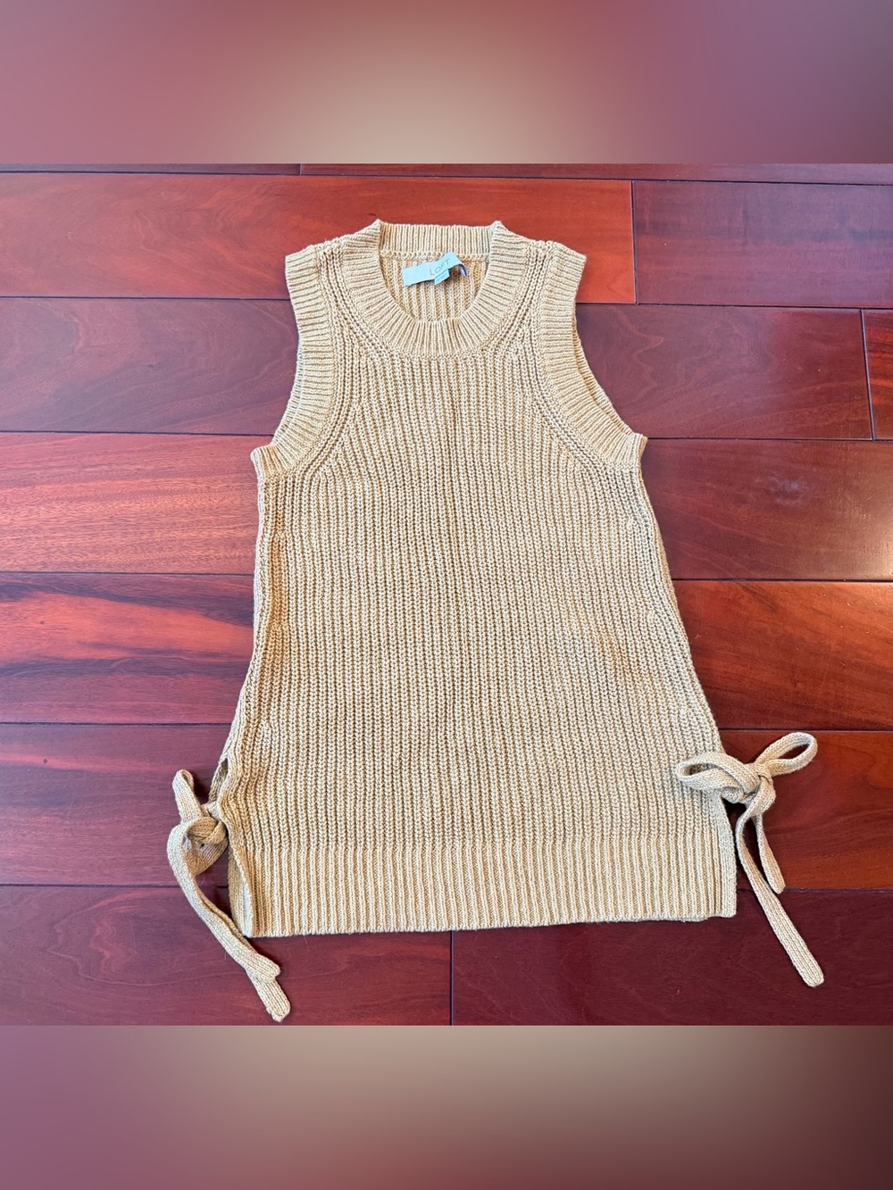 LOFT Sweater Vest XS Linen Cotton Rayon Knit Beige Side Tie Sleeveless